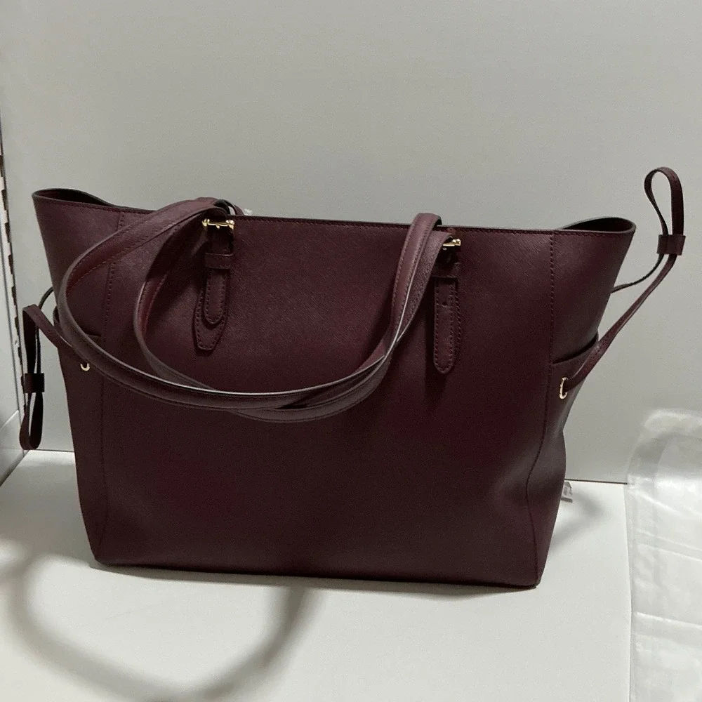 Michael Kors Voyager East West Tote Bag Burgundy Crossgrain Leather Gold Tone